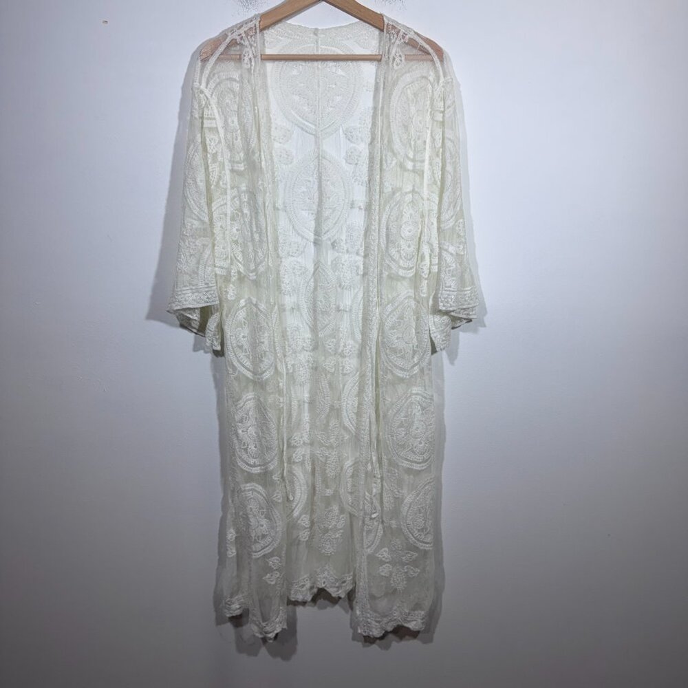 Womens White Lace Long Line Cardigan One Size Fairycore Boho Romantic - Picture 3 of 4